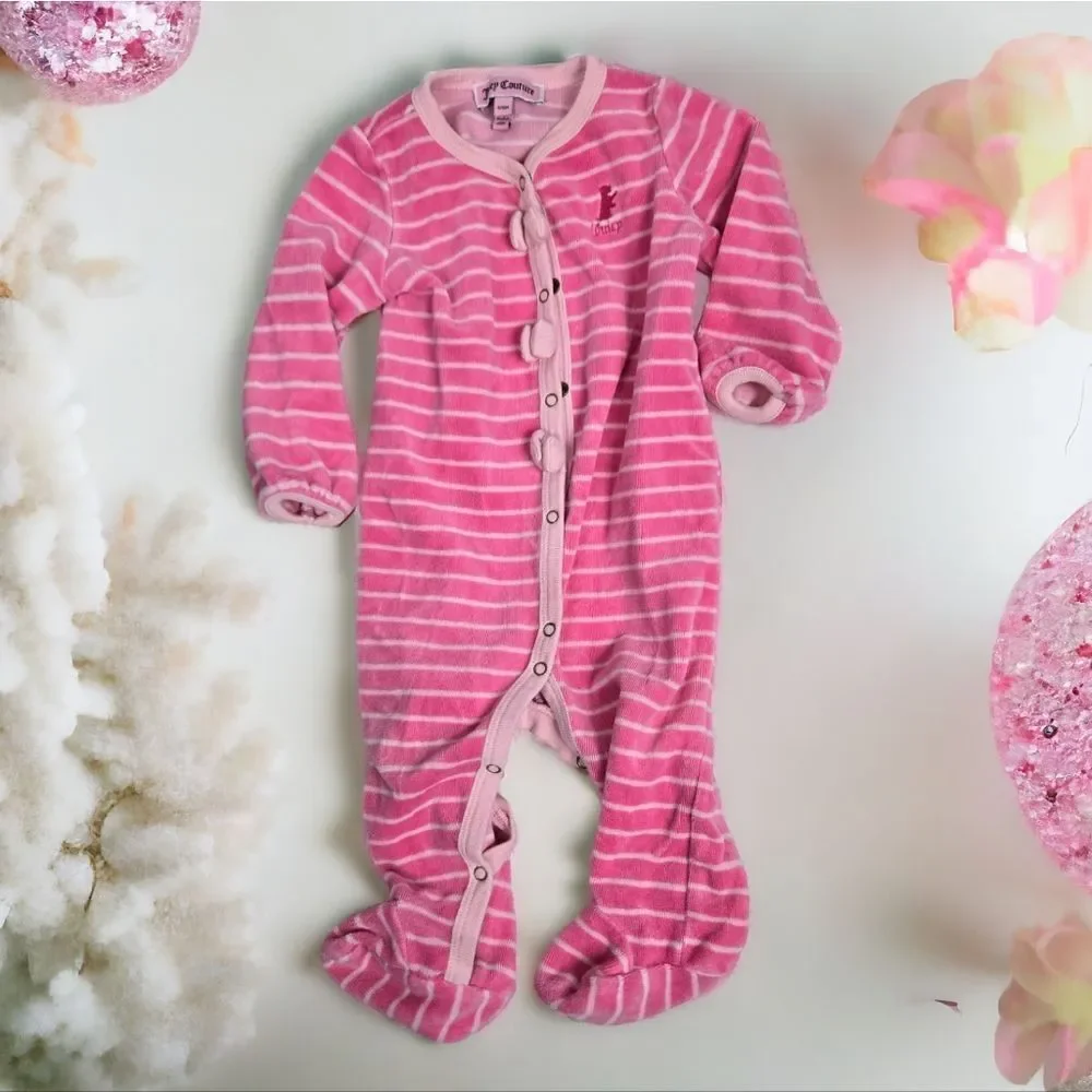 Juicy Couture Baby 6-9m Sleep & Play Pink Stripe Velour One-Piece Pajama Footie